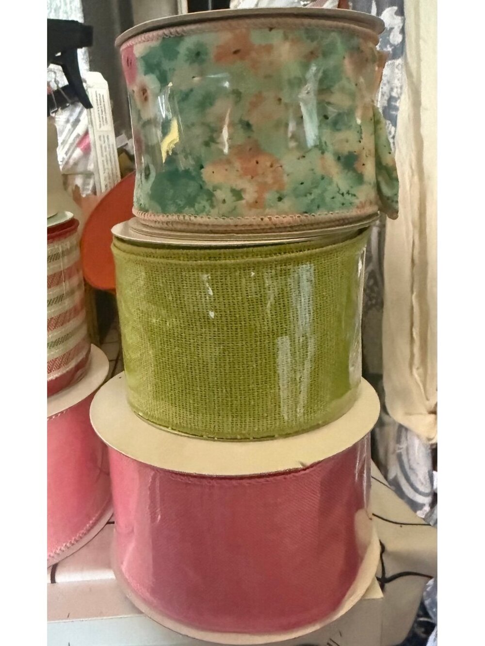 wired ribbon rolls Floral Green Pink 2.5” Craft Supplies